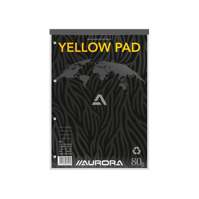 AURORA Yellow Pad Schrijfblok A4 Gelinieerd 4-gaats (blok 80 vel)