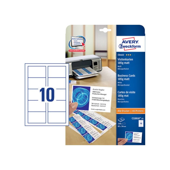 AVERY Quick & Clean™ visitekaartje 85 x 54 mm 185 g/m² perforatierand C32010 Inkjet (pak 250 stuks)