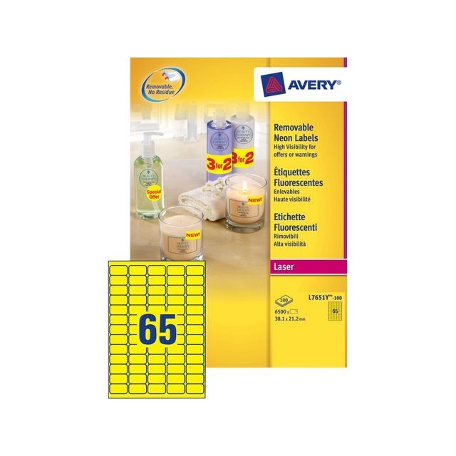 AVERY L7651Y Etiketten 38.1 x 21.2 mm NEON geel (pak 6500 stuks)