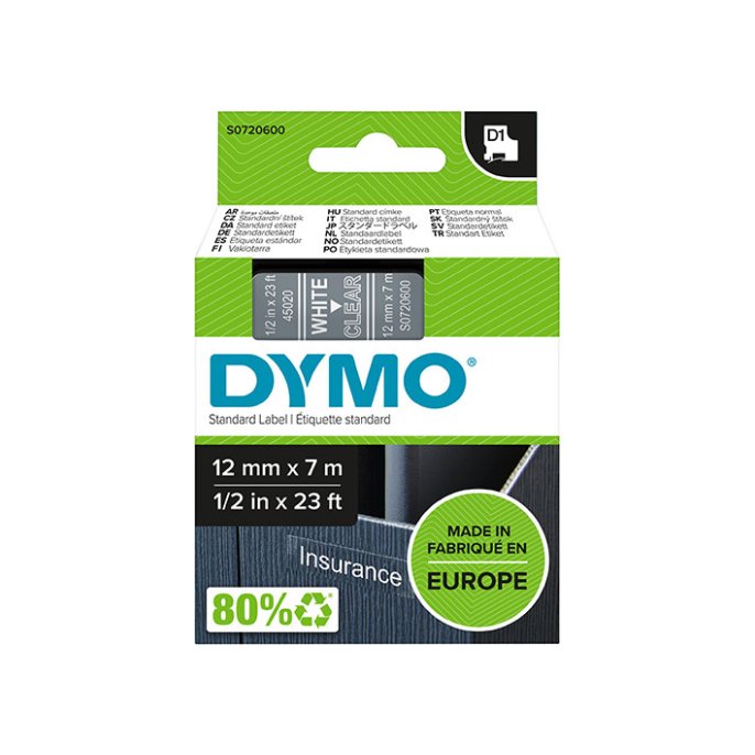 DYMO D1 Labelcassette 12 mm x 7 m Wit op Transparant