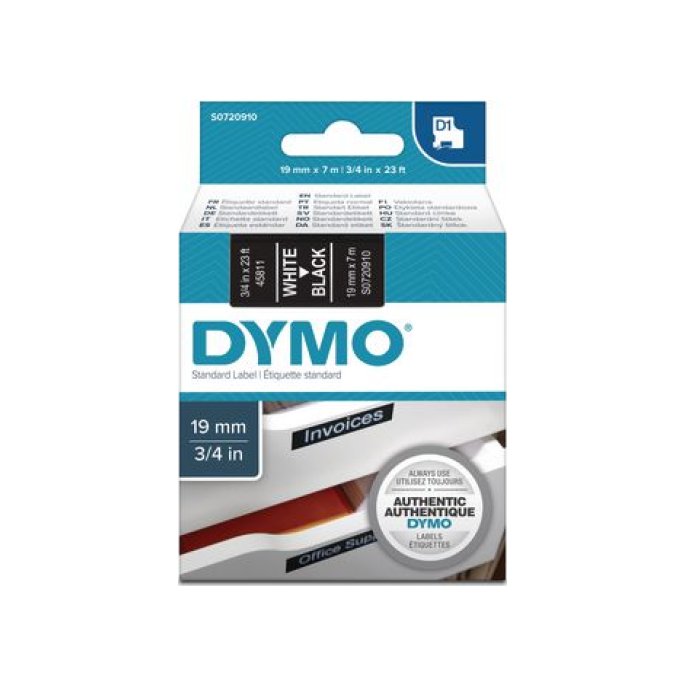 DYMO D1 Labelcassette 19 mm x 7 m Wit op Zwart (doos 5 stuks)