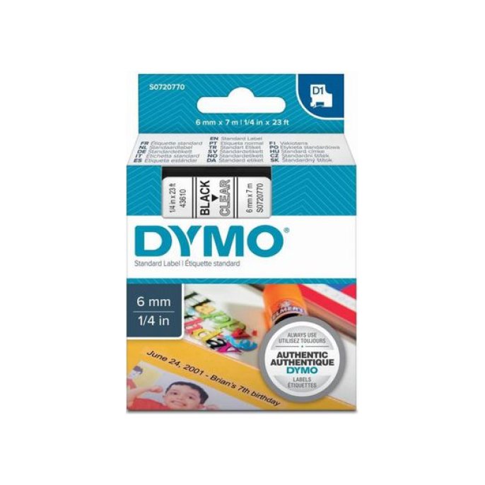 DYMO D1 Labelcassette 6 mm x 7 m Zwart op Transparant