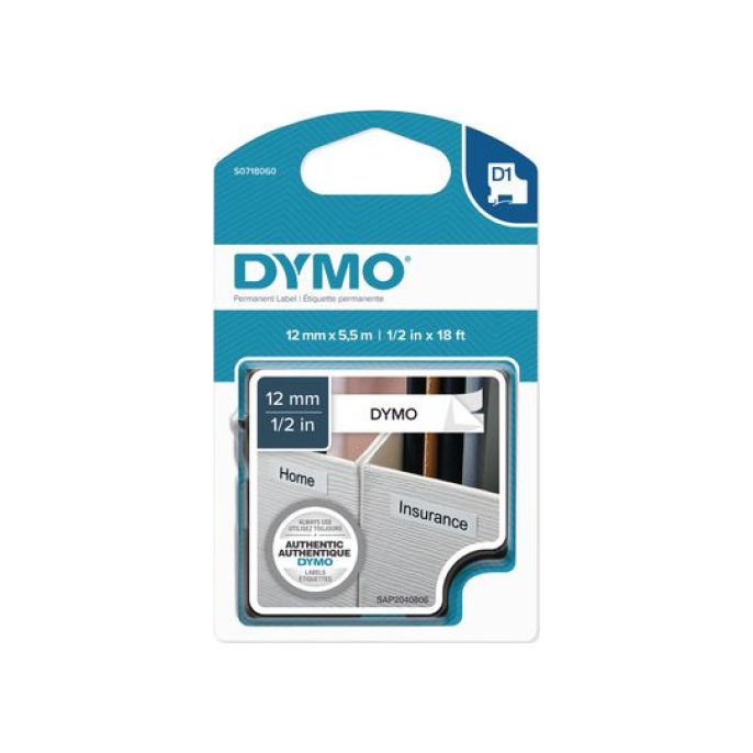 DYMO S0718060 D1 permanent 12 mm x 55 m zwart op wit