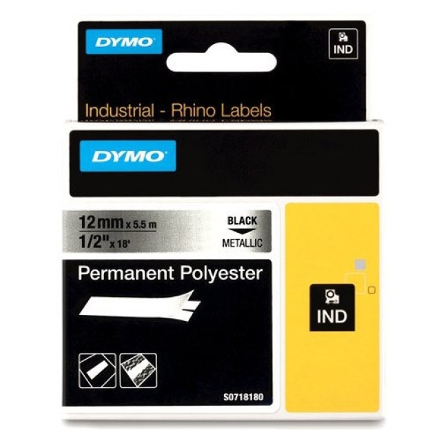 Dymo 18486 industriële permanente polyester etiketten zwart op metallic 12 mm x 5.5 m