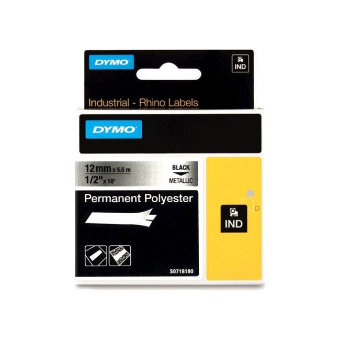 Dymo 18486 industriële permanente polyester etiketten zwart op metallic 12 mm x 5.5 m