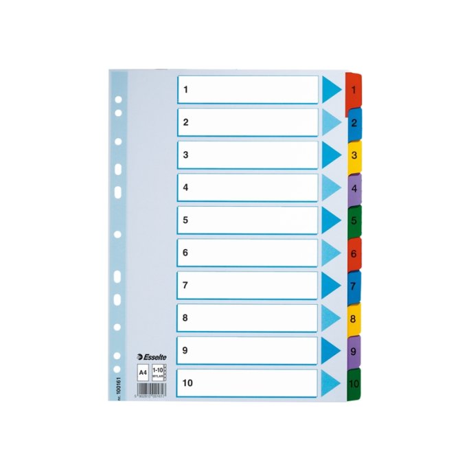 ESSELTE Index tabblad A4 polypropyleen en karton set van 1-10 tabbladen assorti (set 10 vel)