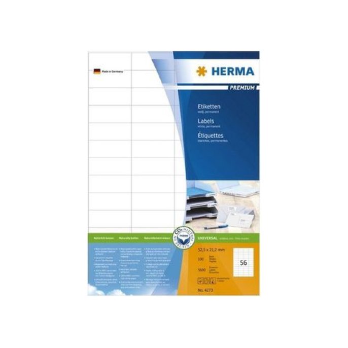 HERMA 4273 Etiket Premium permanent 52,2x21,2mm 100 vellen 56 etiketten per vel wit (pak 5600 stuks)