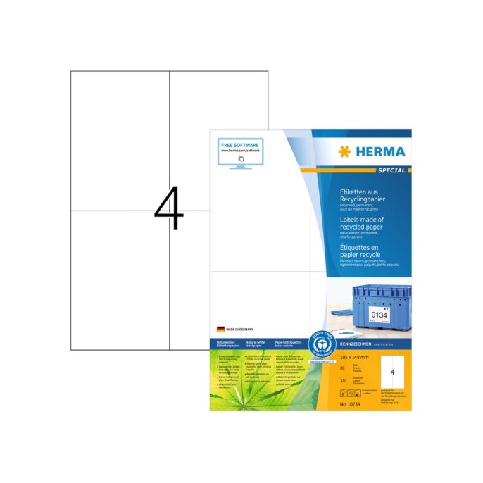 HERMA Etiketten Gerecycled Papier 105 x 148 mm Wit (1 pak x 320 stuks)