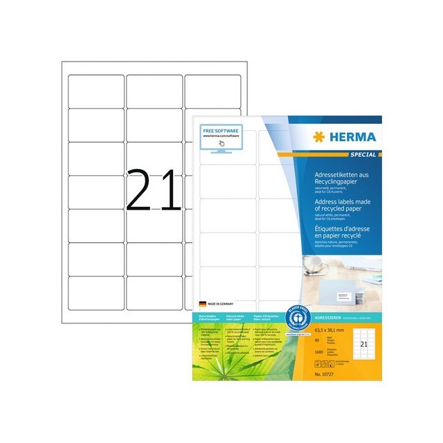 HERMA Etiketten Gerecycled Papier 63.5 x 38.1 mm Wit (1 pak x 1680 stuks)