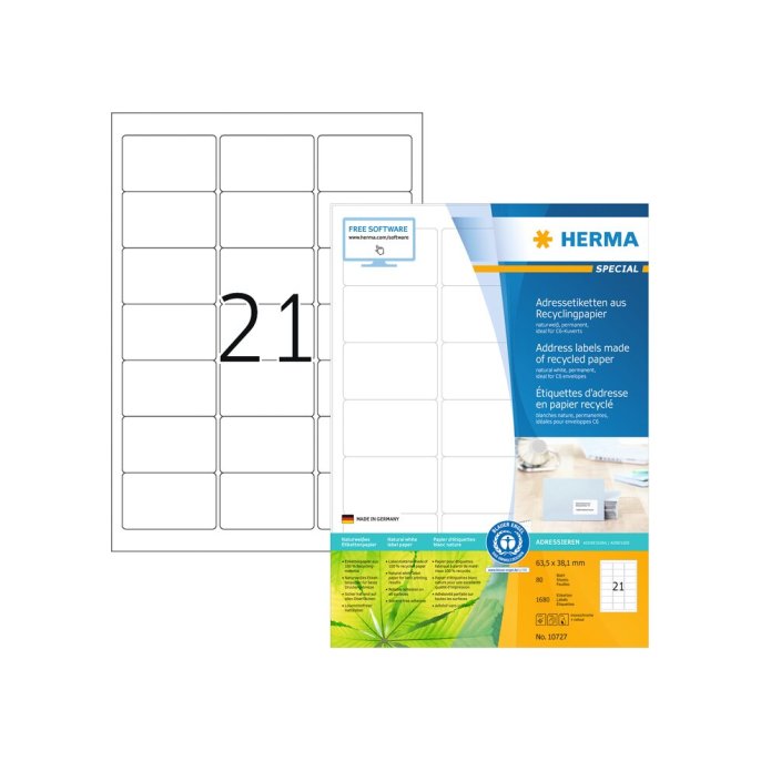 HERMA Etiketten Gerecycled Papier 63.5 x 38.1 mm Wit (1 pak x 1680 stuks)