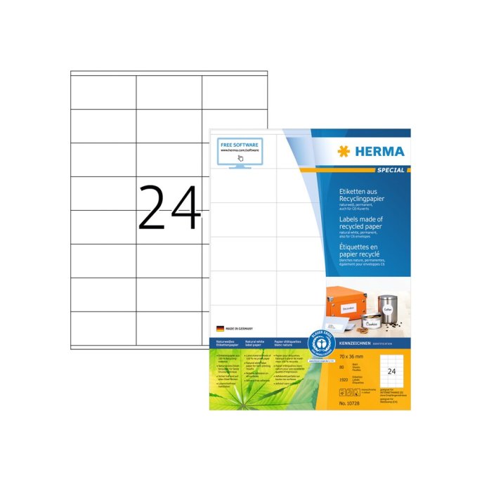 HERMA Etiketten Gerecycled Papier 70 x 36 mm Wit (1 pak x 1920 stuks)