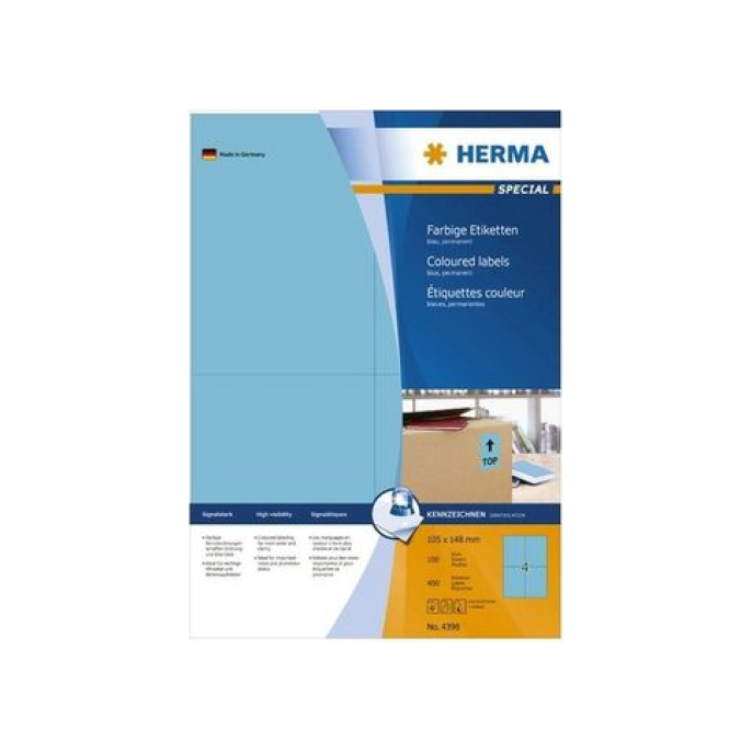 HERMA Permanent gekleurd papieretiket 105 x 148 mm 100 vellen 4 etiketten per A4-vel blauw (pak 400 stuks)