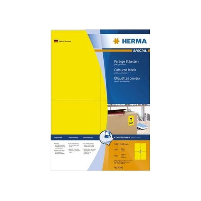 HERMA Permanent gekleurd papieretiket 105 x 148 mm 100 vellen 4 etiketten per A4-vel geel (pak 400 stuks)