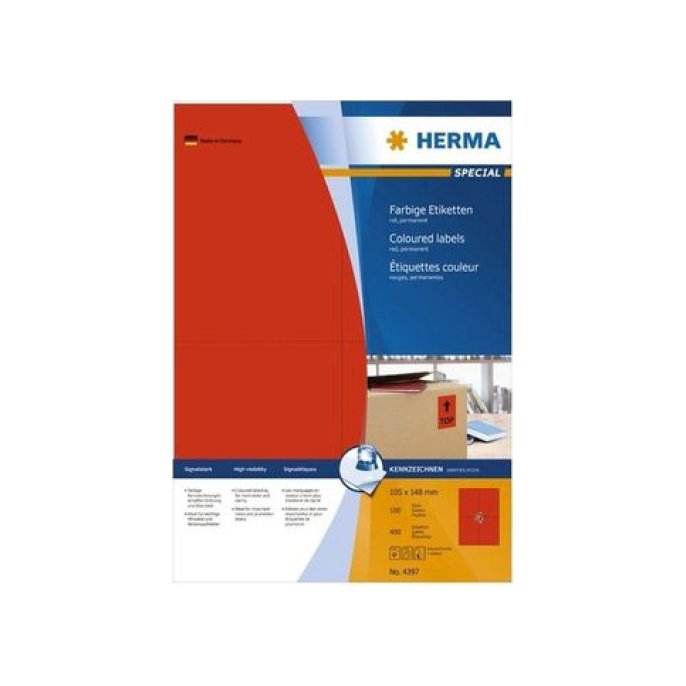 HERMA Permanent gekleurd papieretiket 105 x 148 mm 100 vellen 4 etiketten per A4-vel rood (pak 400 stuks)