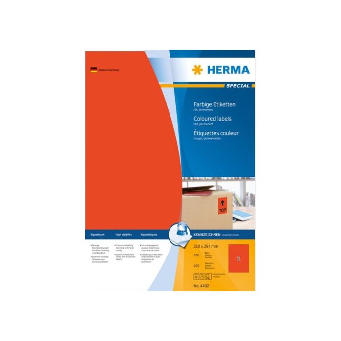 HERMA Permanent gekleurd papieretiket 210 x 297 mm 100 vellen 1 etiket per A4-vel rood (pak 100 stuks)