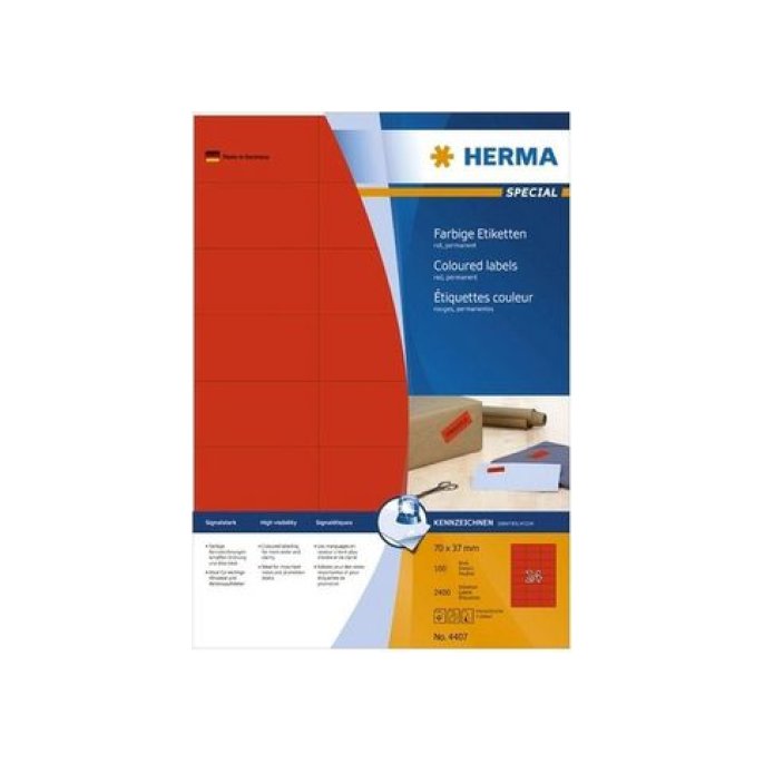 HERMA Permanent gekleurd papieretiket 70 x 37 mm 100 vellen 24 etiket per A4-vel rood (pak 2400 stuks)