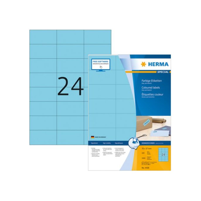 HERMA Permanent gekleurd papieretiket 70 x 37 mm 100 vellen 24 etiketten per A4-vel blauw (pak 2400 stuks)