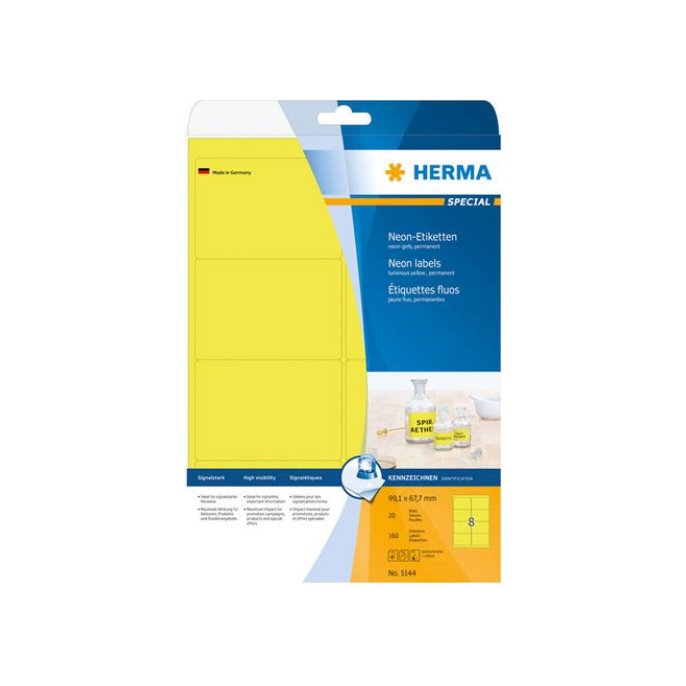 HERMA Permanent papieretiket fluorescerend 991 x 677 mm 20 vellen 8 etiketten per A4-vel neongeel (pak 160 stuks)