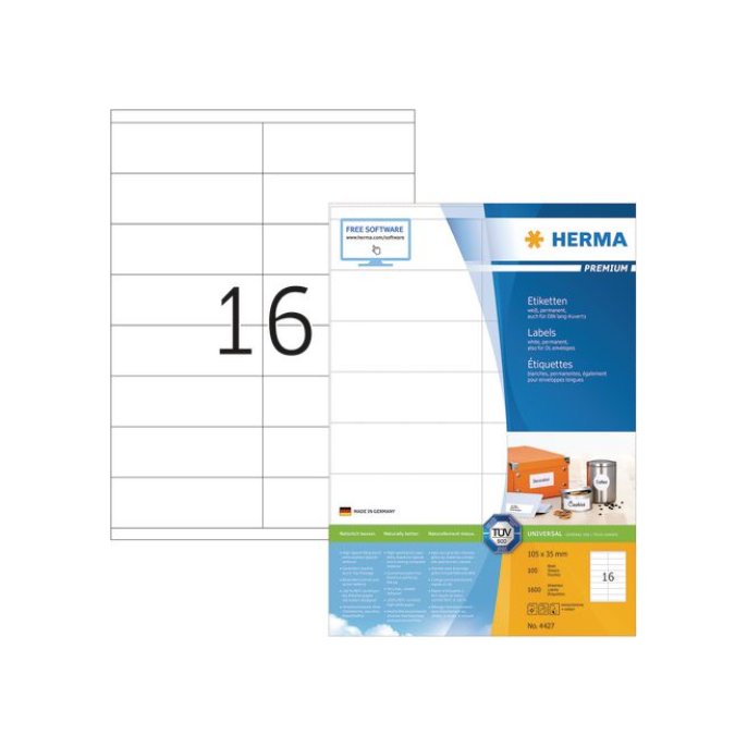 HERMA Premium permanent papieretiket 105 x 35 mm 100 vellen 16 etiketten per A4-vel wit (pak 1600 stuks)