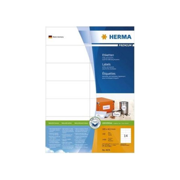 HERMA Premium permanent papieretiket 105 x 423 mm 100 vellen 14 etiketten per A4-vel wit (pak 1400 stuks)