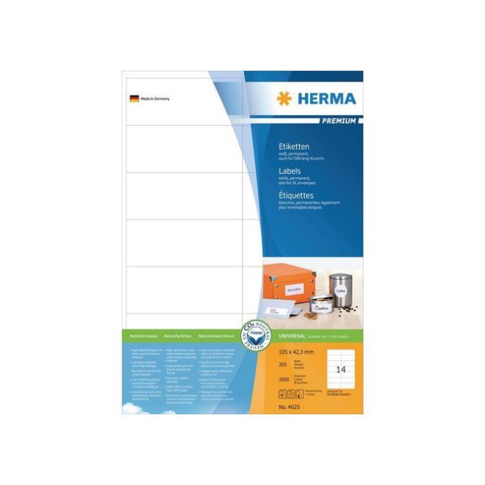 HERMA Premium permanent papieretiket 105 x 423 mm rechte hoek wit (pak 2800 stuks)