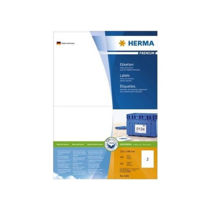 HERMA Premium permanent papieretiket 210 x 148 mm 100 vellen 2 etiketten per A4-vel wit (pak 200 stuks)