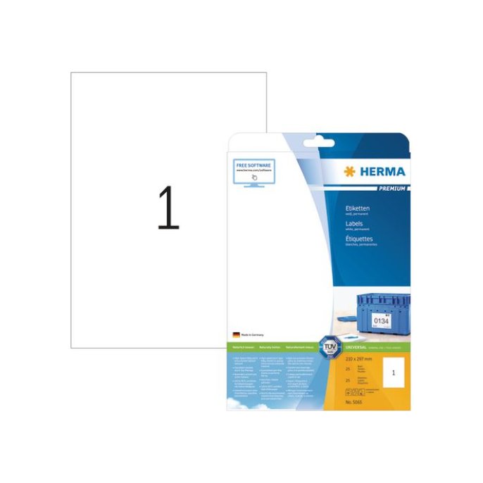 HERMA Premium permanent papieretiket 210 x 297 mm rechte hoek wit (pak 25 stuks)