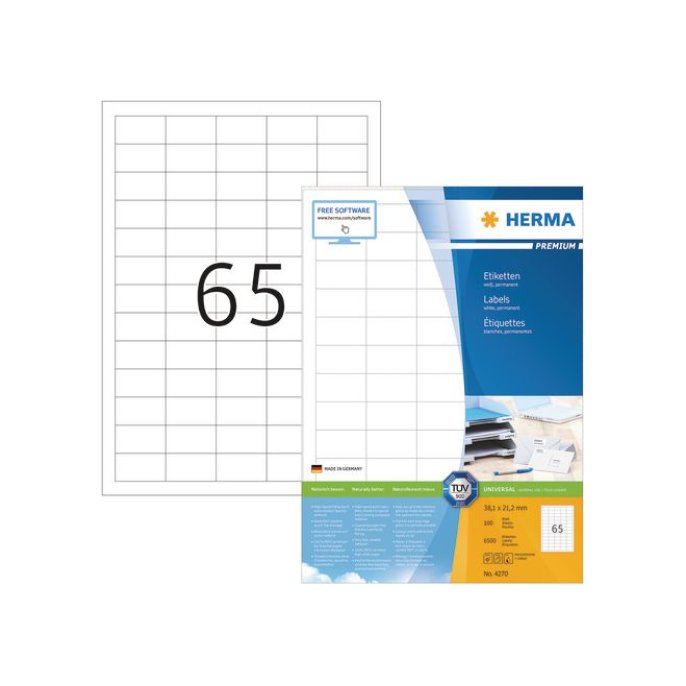 HERMA Premium permanent papieretiket 381 x 212 mm 100 vellen 65 etiketten per A4-vel wit (pak 6500 stuks)