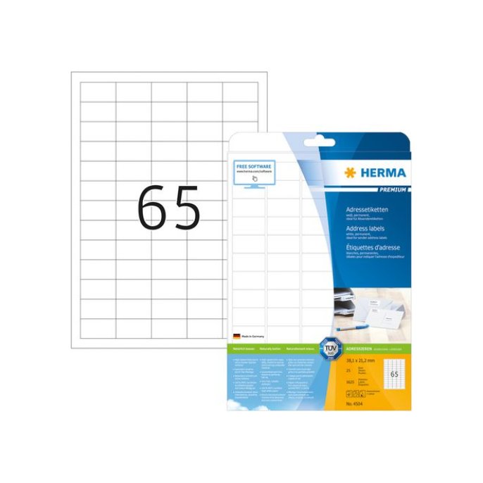 HERMA Premium permanent papieretiket 381 x 212 mm 25 vellen 65 etiketten per A4-vel wit (pak 1625 stuks)