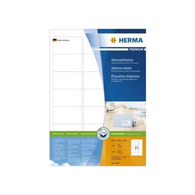 HERMA Premium permanent papieretiket 635 x 381 mm 100 vellen 21 etiketten per A4-vel wit (pak 2100 stuks)