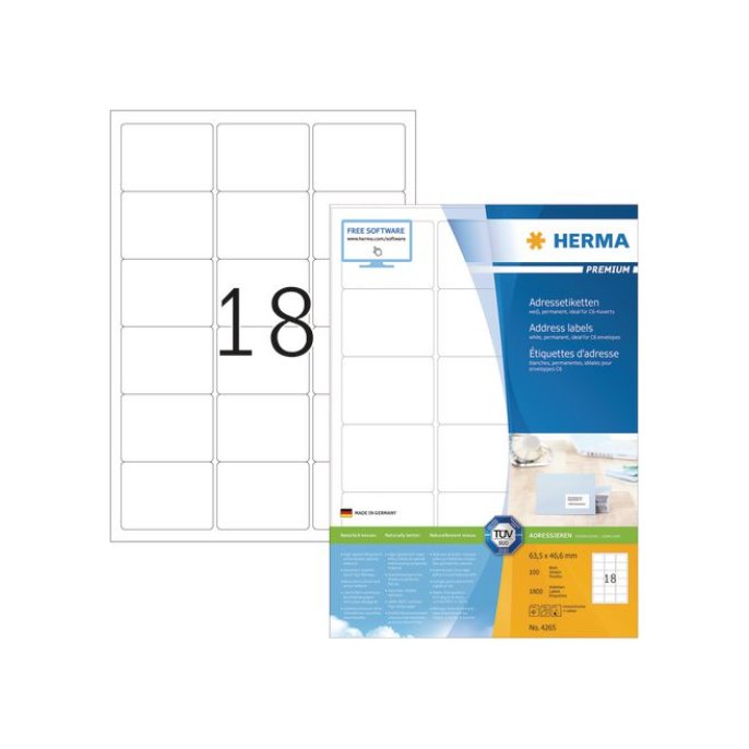 HERMA Premium permanent papieretiket 635 x 466 mm 100 vellen 18 etiketten per A4-vel wit (pak 1800 stuks)