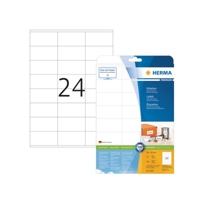 HERMA Premium permanent papieretiket 70 x 36 mm rechte hoek wit (pak 600 stuks)