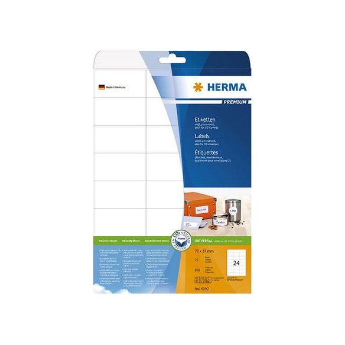 HERMA Premium permanent papieretiket 70 x 37 mm rechte hoek wit (pak 600 stuks)