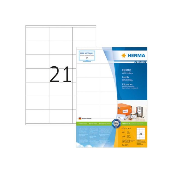 HERMA Premium permanent papieretiket 70 x 41 mm 100 vellen 21 etiketten per A4-vel wit (pak 2100 stuks)