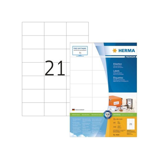 HERMA Premium permanent papieretiket 70 x 423 mm 100 vellen 21 etiketten per A4-vel wit (pak 2100 stuks)