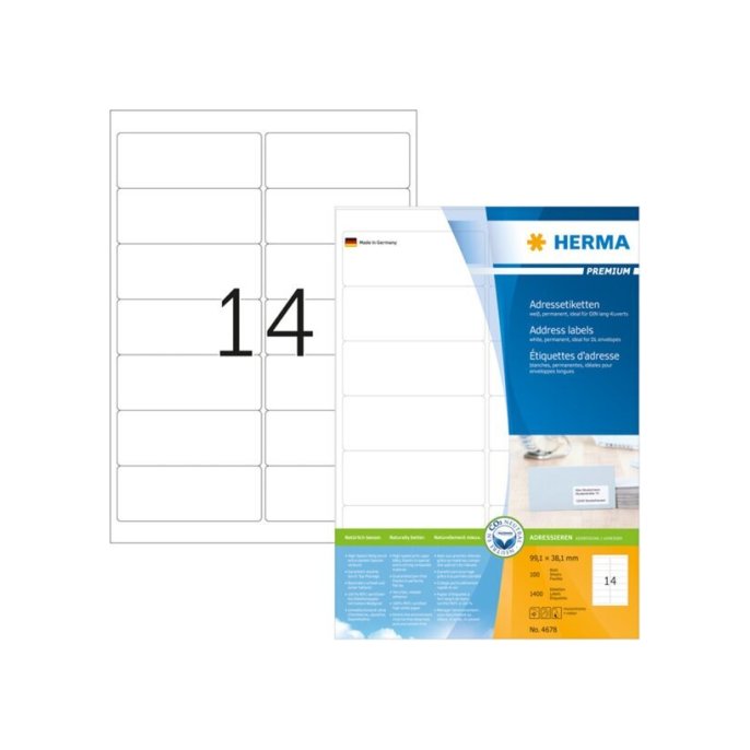 HERMA Premium permanent papieretiket 991 x 381 mm 100 vellen 14 etiketten per A4-vel wit (pak 1400 stuks)