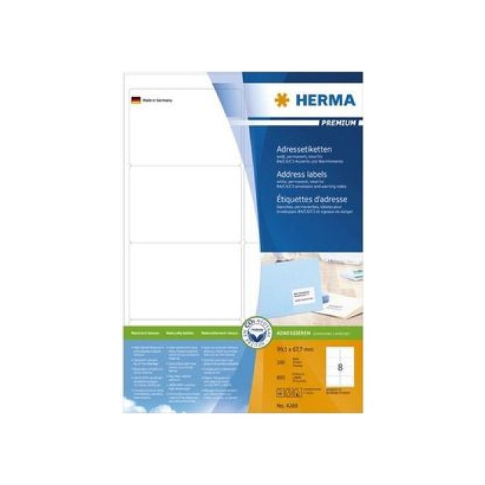 HERMA Premium permanent papieretiket 991 x 677 mm 100 vellen 8 etiketten per A4-vel wit (pak 800 stuks)