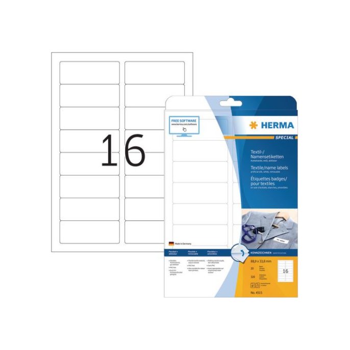 HERMA Special Textieletiketten voor naamlabels 89 x 34 mm Wit (pak 320 stuks)