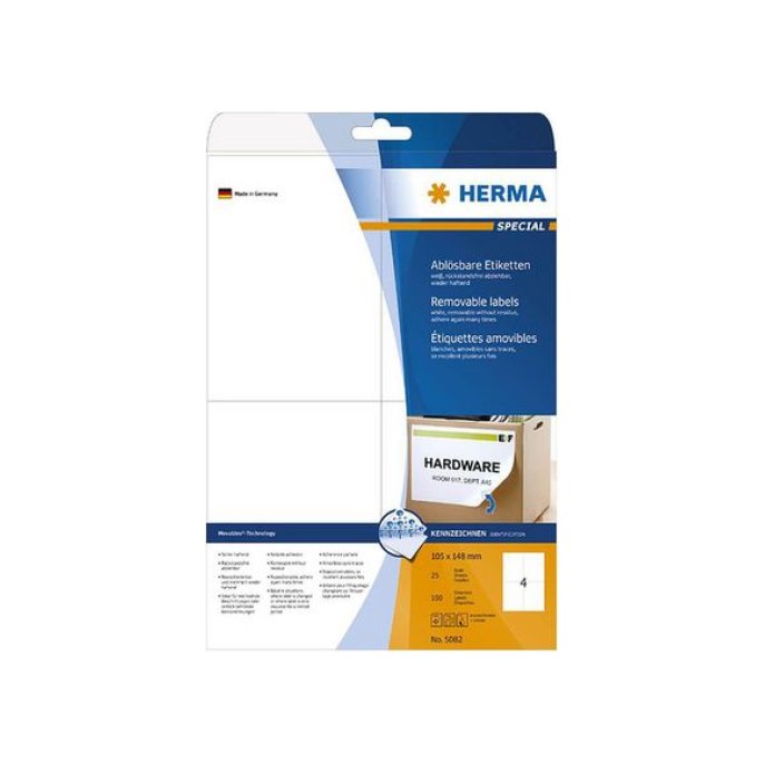 HERMA Verwijderbaar papieretiket 105 x 148 mm 25 vellen 4 etiketten per A4-vel wit (pak 100 stuks)