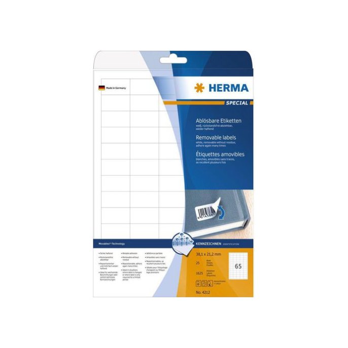 HERMA Verwijderbaar papieretiket 381 x 212 mm 25 vellen 65 etiketten per A4-vel wit (pak 1625 stuks)