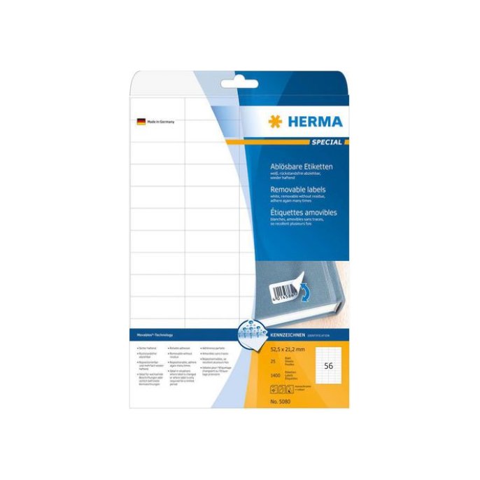 HERMA Verwijderbaar papieretiket 525 x 212 mm 25 vellen 56 etiketten per A4-vel wit (pak 1400 stuks)