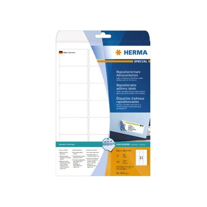 HERMA Verwijderbaar papieretiket 635 x 381 mm 25 vellen 21 etiketten per A4-vel wit (pak 525 stuks)