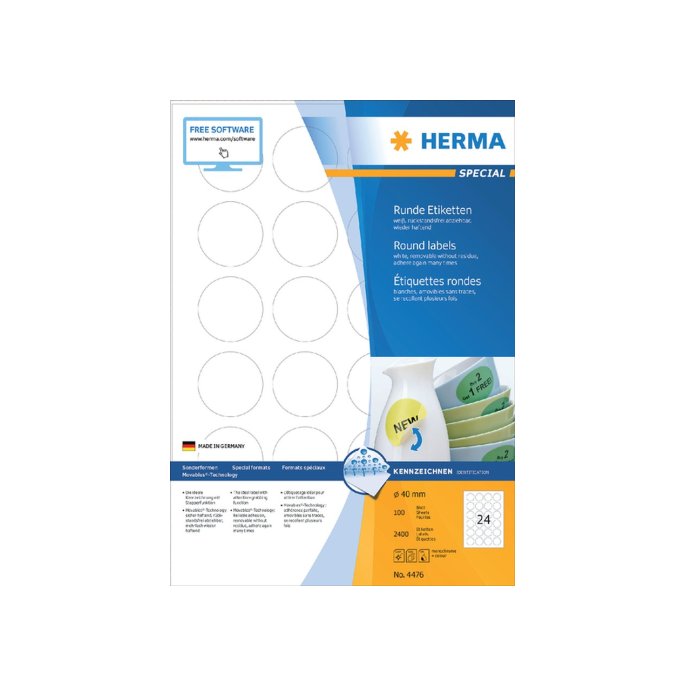 HERMA Verwijderbaar papieretiket rond 40 mm 100 vellen 24 etiketten per A4-vel wit (pak 2400 stuks)