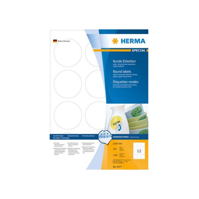 HERMA Verwijderbaar papieretiket rond 60 mm 100 vellen 12 etiketten per A4-vel wit (pak 1200 stuks)