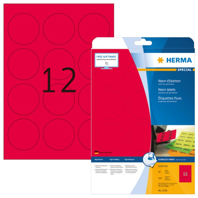 Herma HERMA Special - fluorescente labels - 240 etiket(ten) - 60 mm. rond (pak 240 stuks)