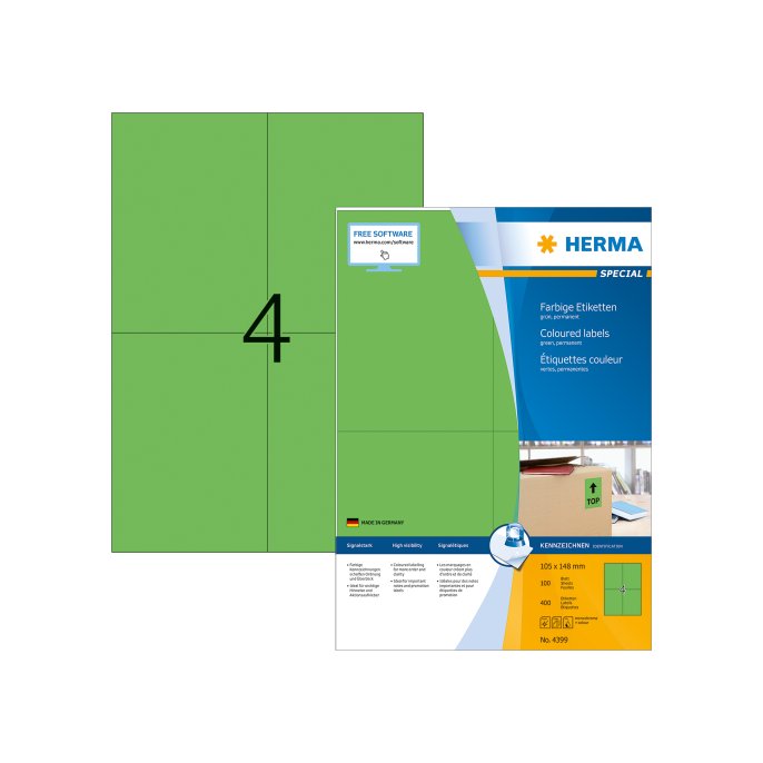 Herma Permanent gekleurd papieretiket 105 x 148 mm 100 vellen 4 etiketten per A4-vel groen (pak 400 stuks)