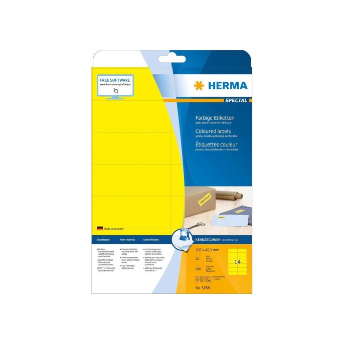 Herma Permanent gekleurd papieretiket 105 x 37 mm 100 vellen 16 etiketten per A4-vel geel (pak 1600 stuks)