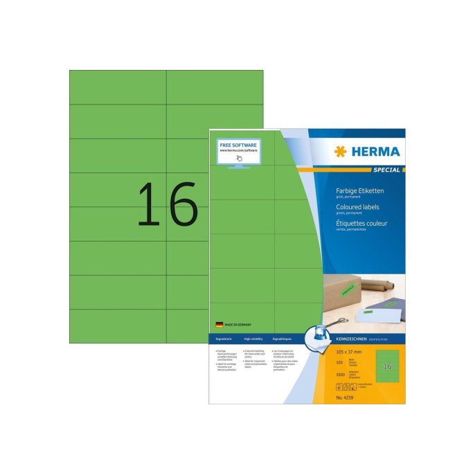 Herma Permanent gekleurd papieretiket 105 x 37 mm 100 vellen 16 etiketten per A4-vel groen (pak 1600 stuks)