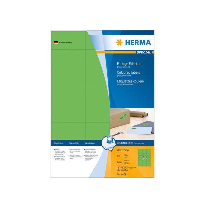 Herma Permanent gekleurd papieretiket 70 x 37 mm 100 vellen 24 etiketten per A4-vel groen (pak 2400 stuks)