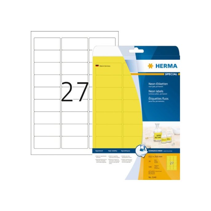 Herma Permanent papieretiket fluorescerend 63.5 x 29.6 mm 20 vellen 27 etiketten per A4-vel neongeel (pak 540 stuks)